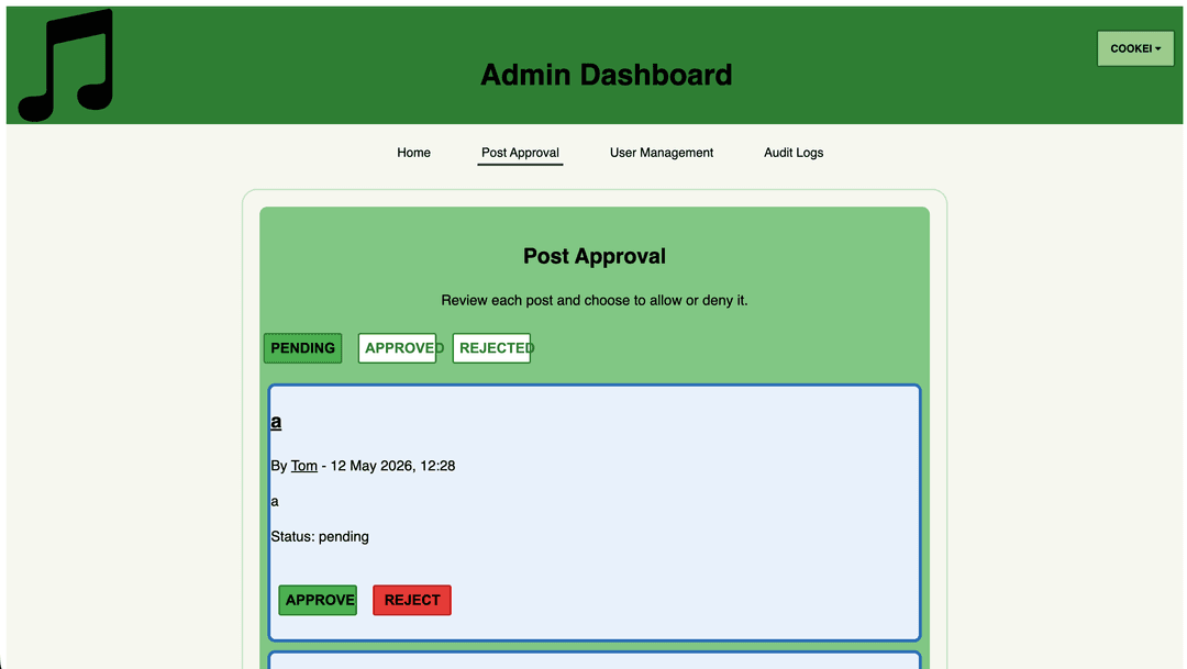 The moderation queue. New posts stay pending until an admin approves or rejects them, and authors can see their own pending and rejected posts