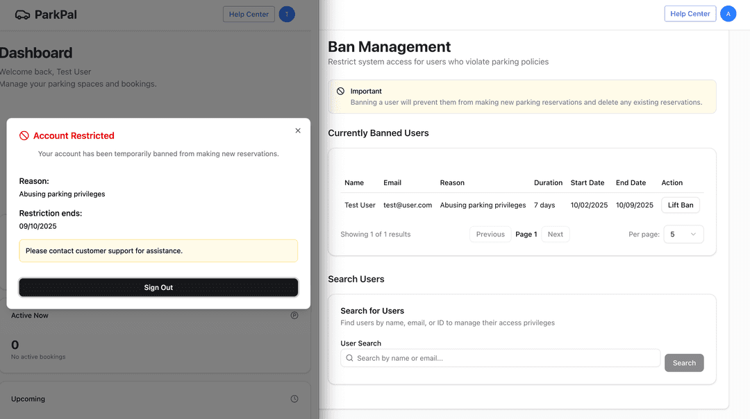 Admin tools for banning users, with banned user on left, and admin panel on right