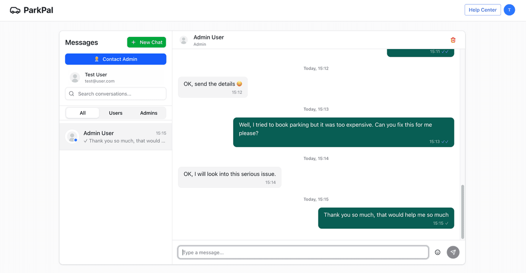 Real-time WhatsApp-style chat interface for messaging other ParkPal users