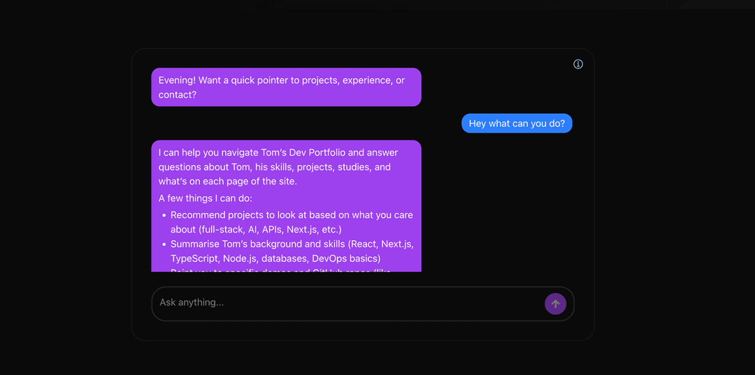 AI chat agent providing a conversational interface to explore the portfolio