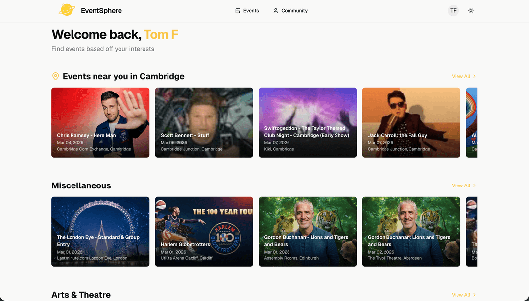 Personalised dashboard with recommended events based on location and interests