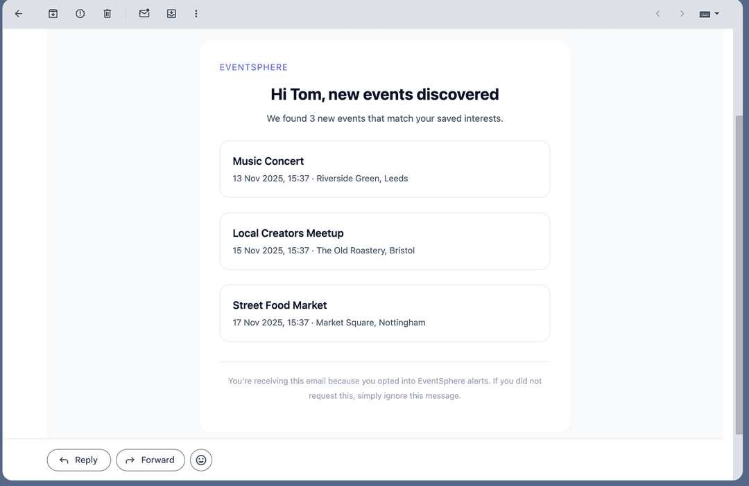 Example email alert for new events matching a user's saved interests