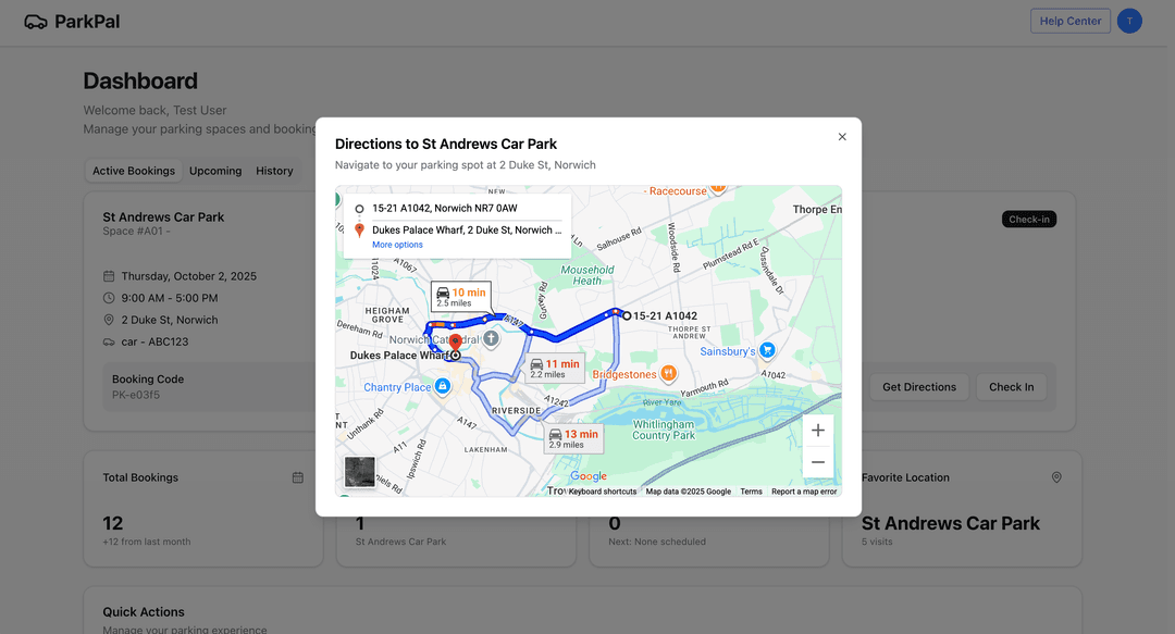 Google Maps directions to an active booking (this example uses random locations)