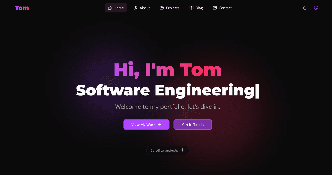 Homepage hero with animated appearance, CTA buttons, and floating gradients