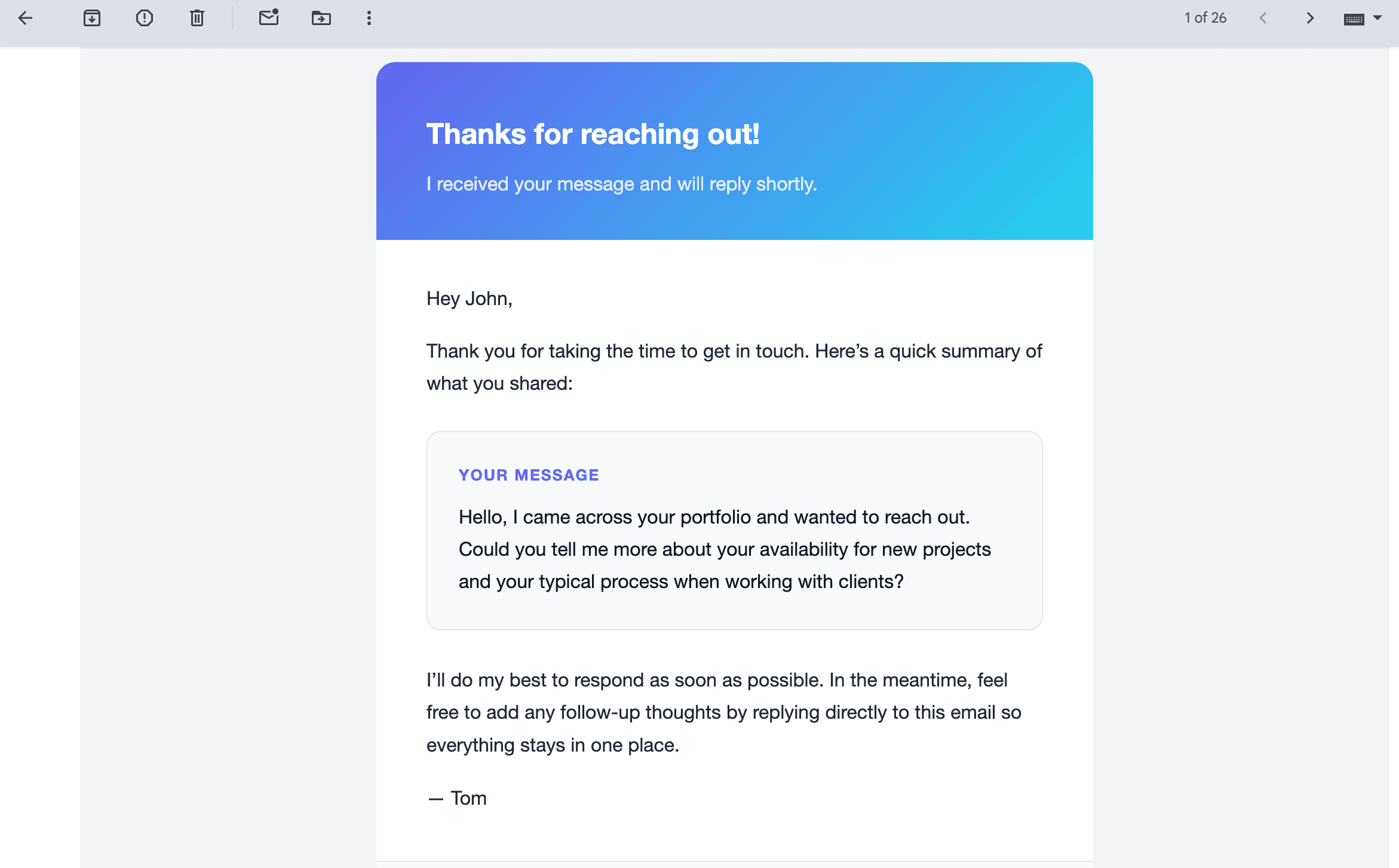 An example of receiving an email after completing the contact form.