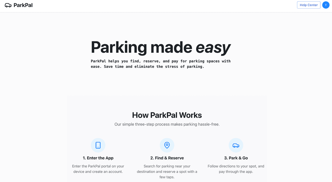 Landing page for ParkPal