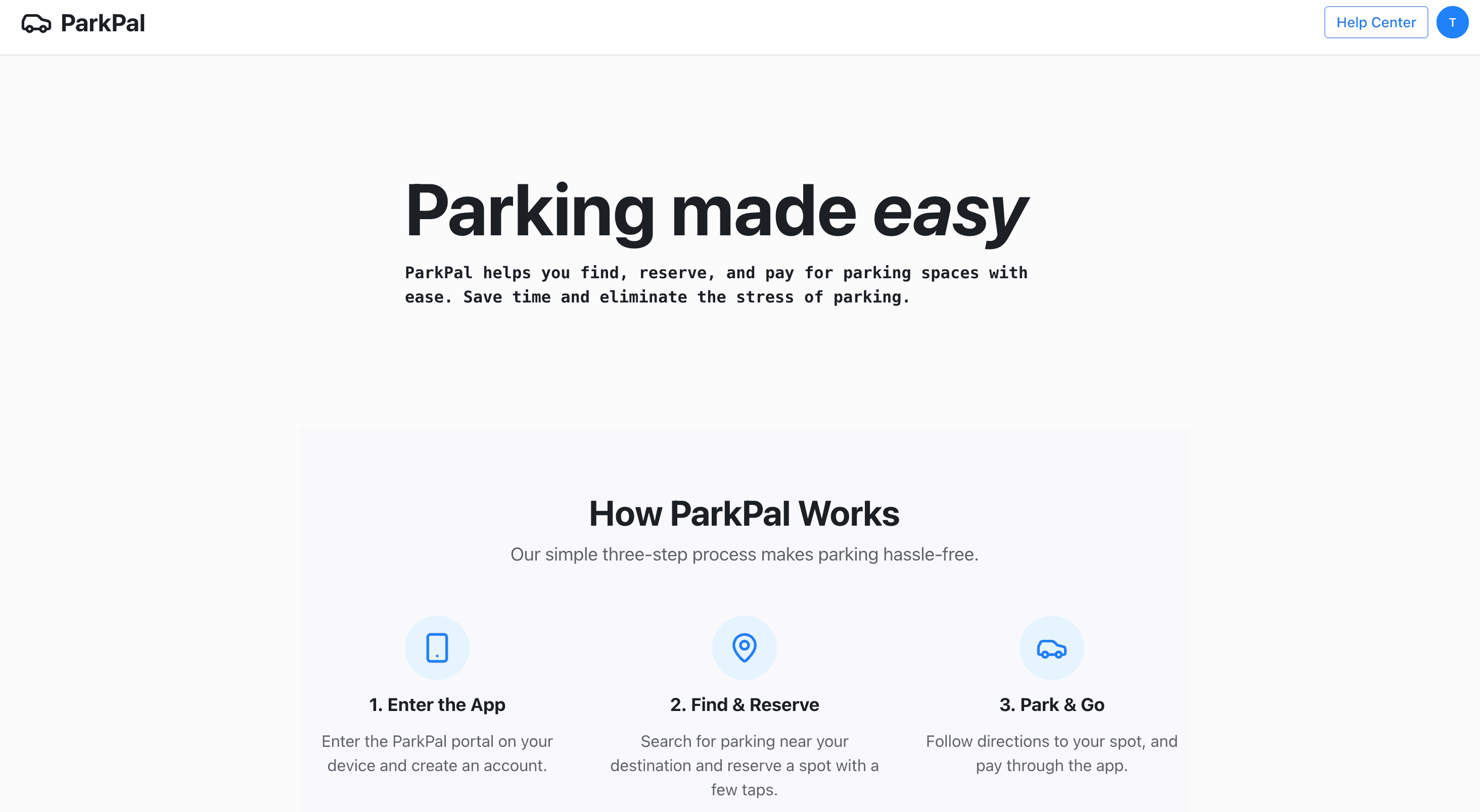 Landing page for ParkPal