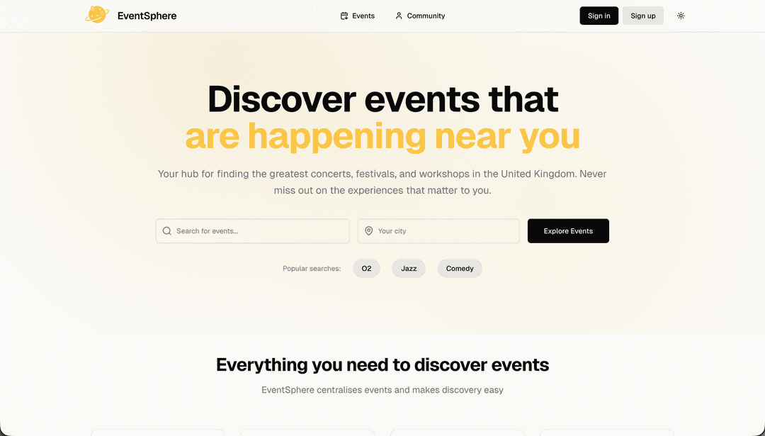 Landing page introducing EventSphere