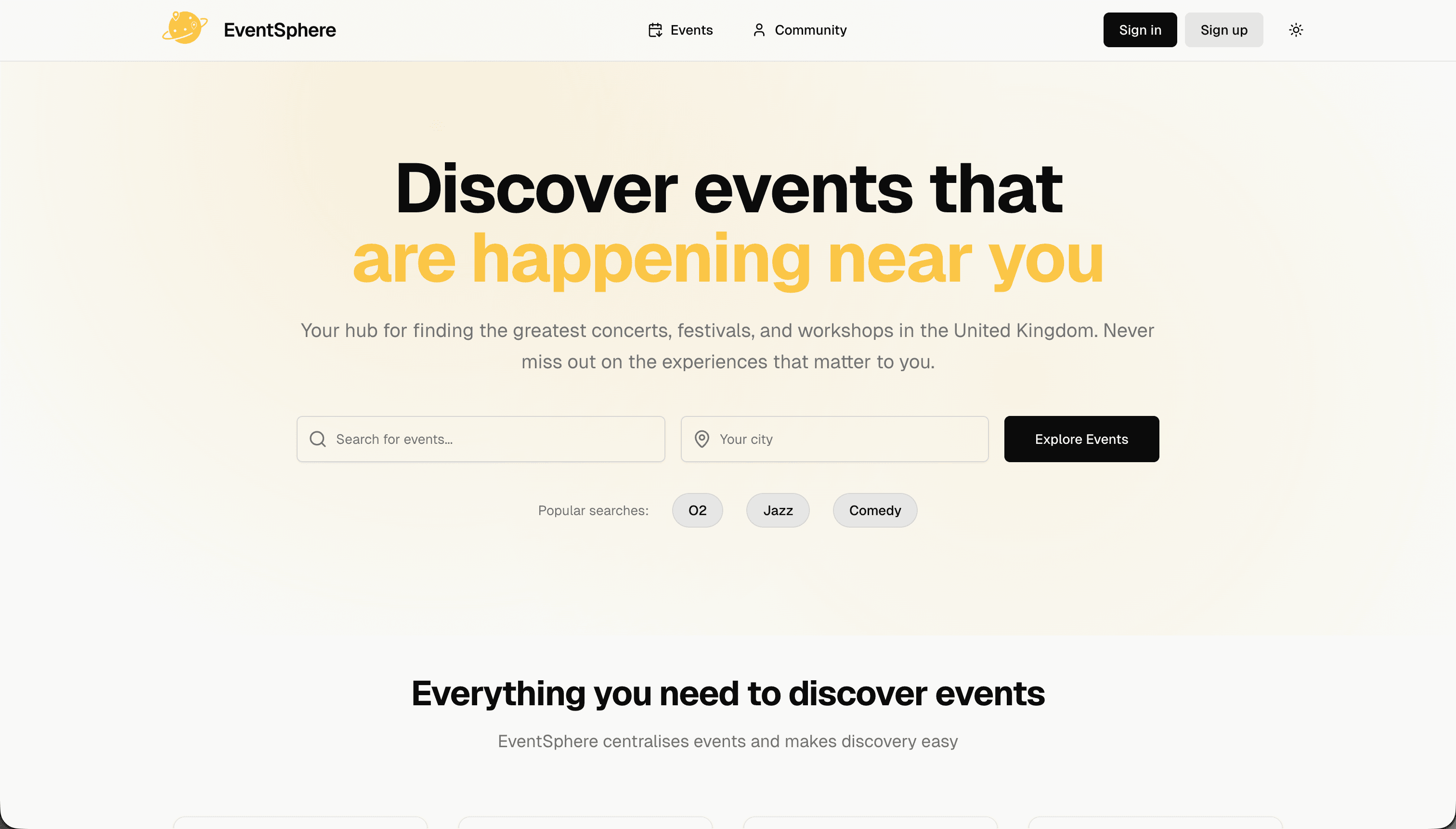 Landing page introducing EventSphere