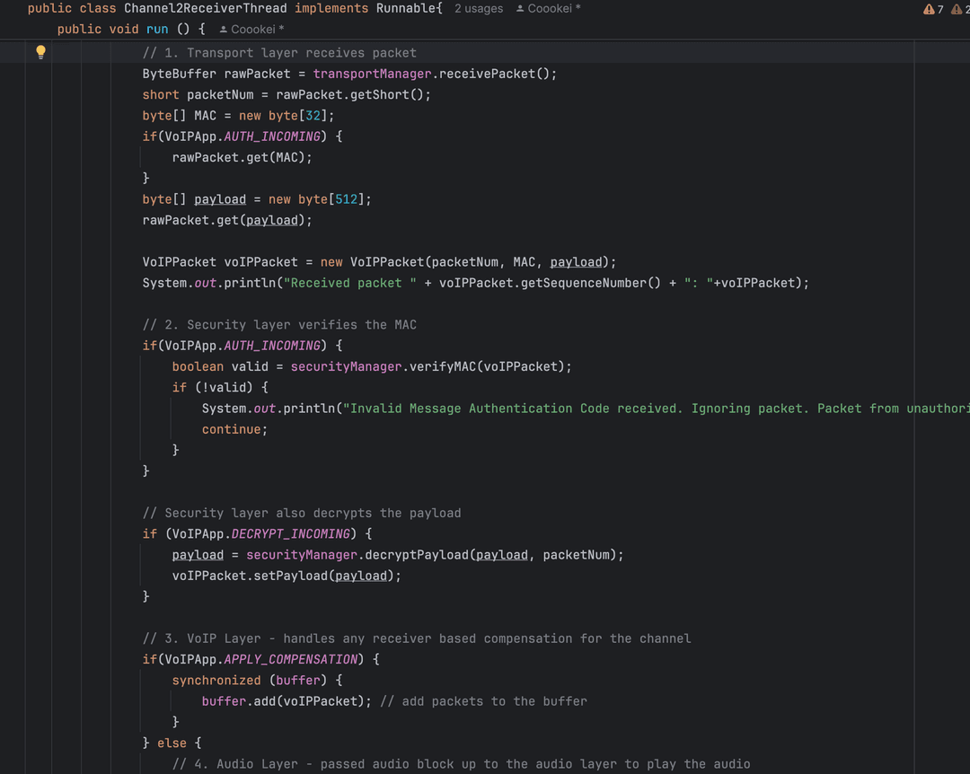 One receiver thread implementation following layered VoIP design