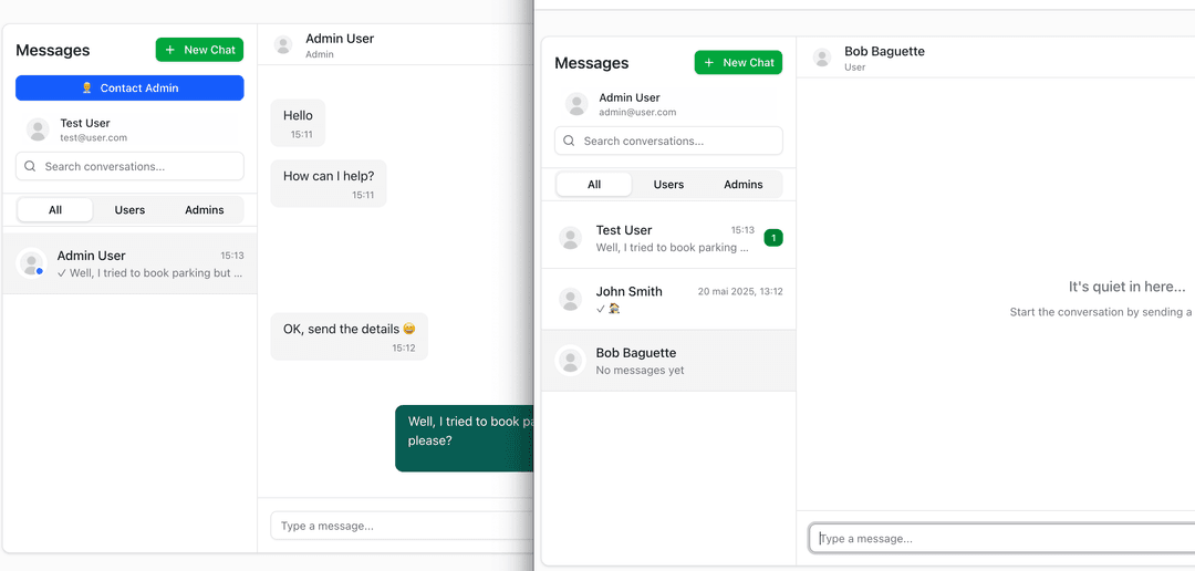Real-time chat - between a user on the left and an admin on the right - with read receipts and an emoji picker