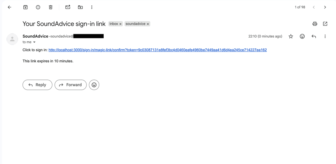 A magic-link email. The token is stored as an HMAC and expires in 10 minutes, and magic links are blocked for admins because they would skip 2FA