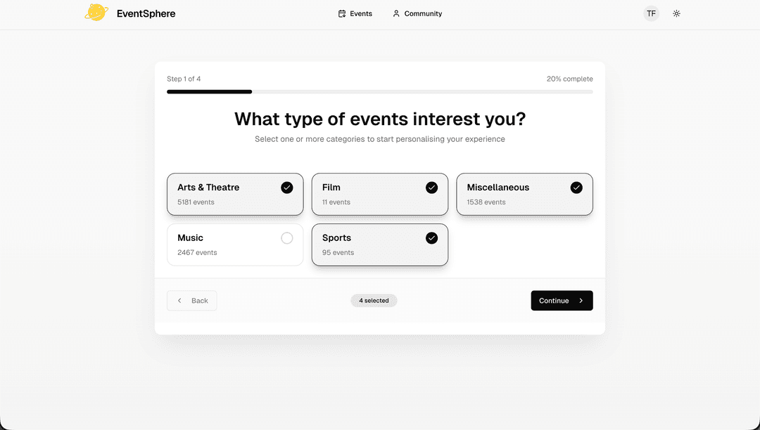 Onboarding flow after sign-up for selecting user interests
