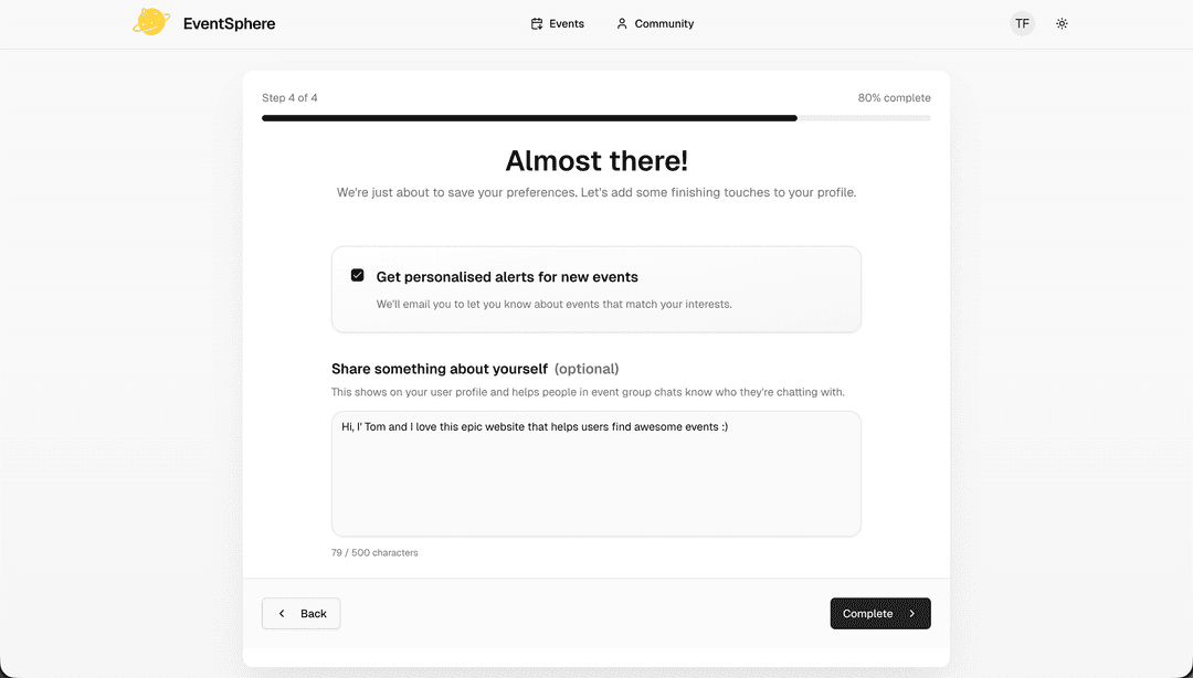 Completing the onboarding flow