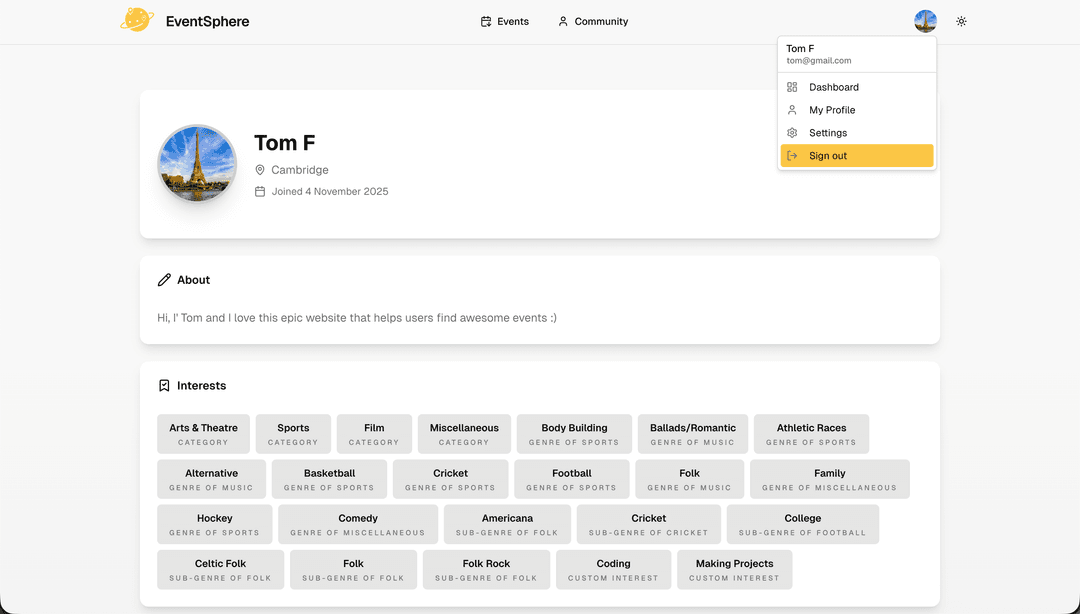 Public profile page for users