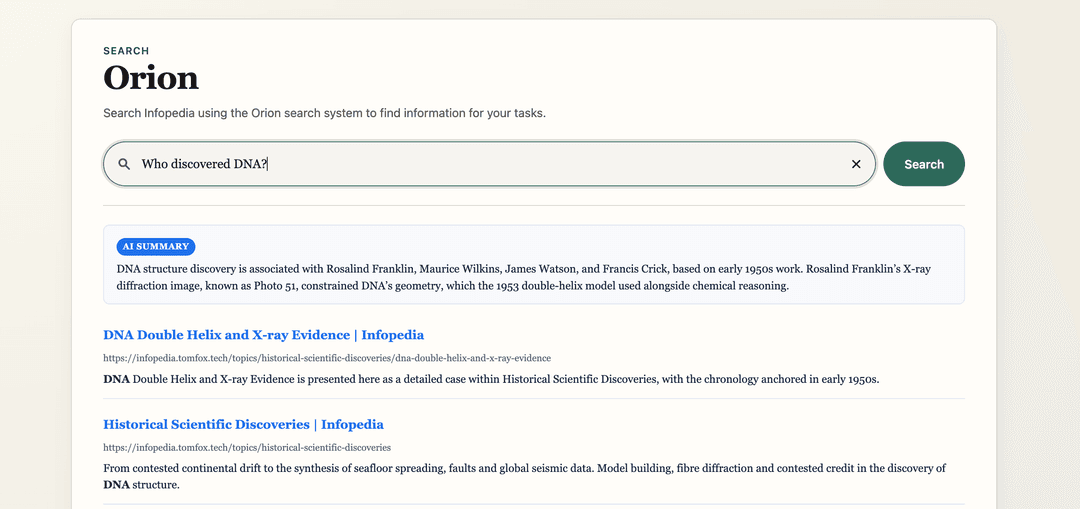 The embeddable widget returning ranked results with an AI summary