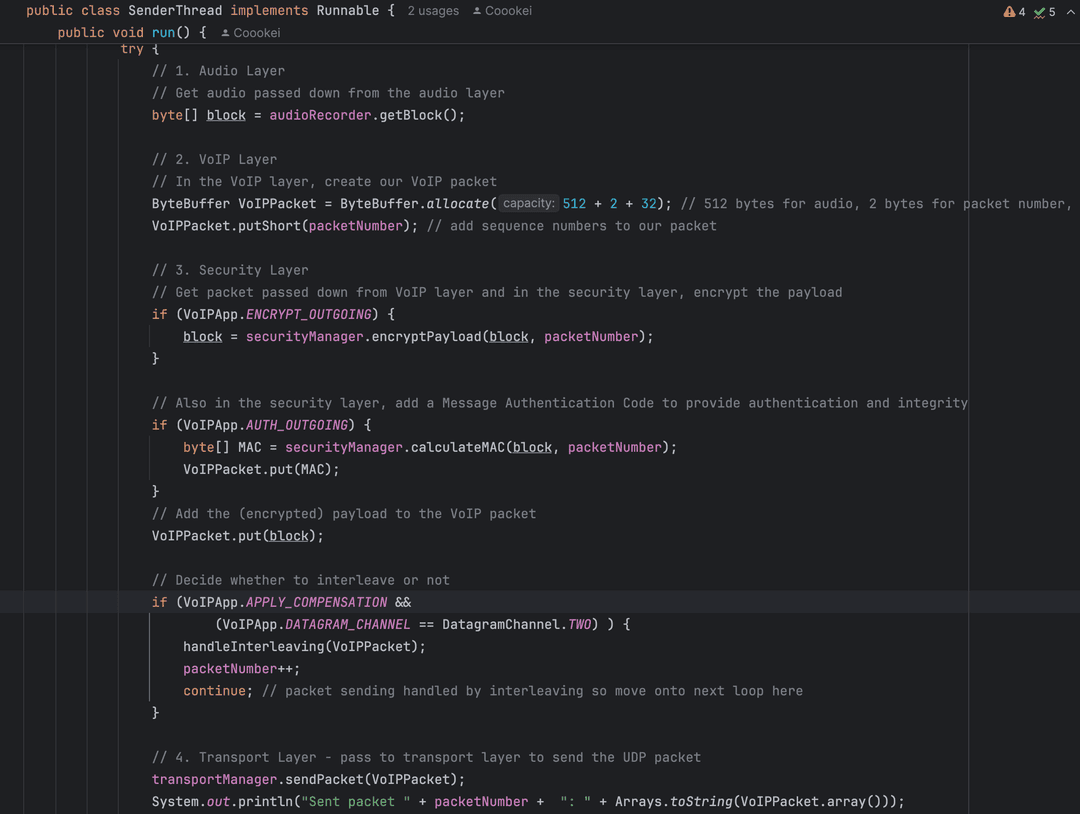 Sender thread following layered VoIP design