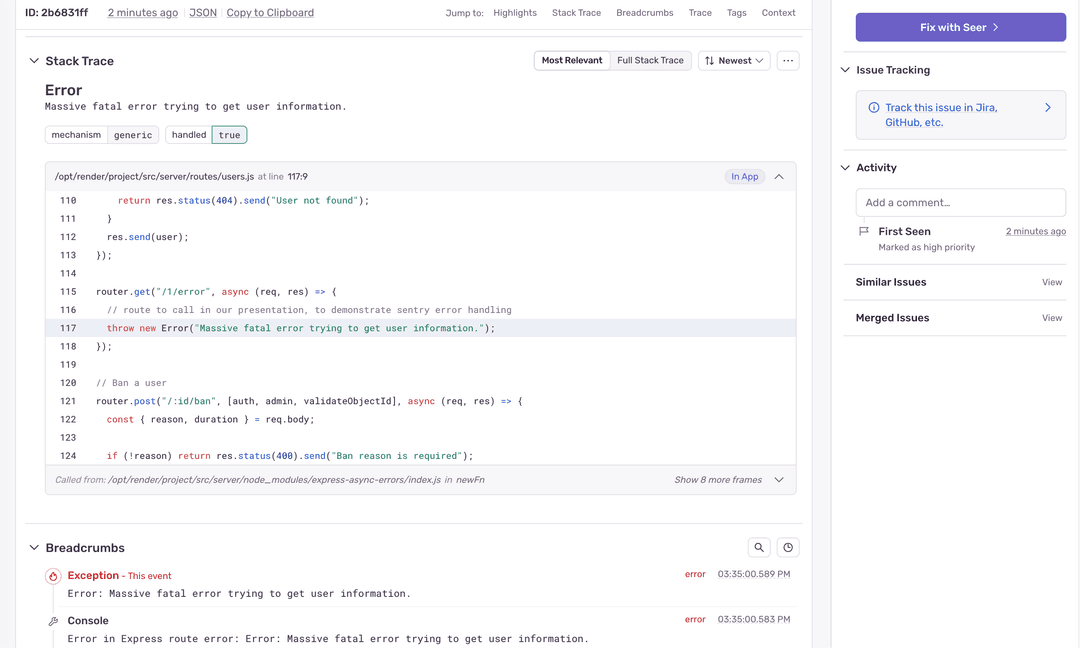 Sentry monitoring dashboard tracking issues
