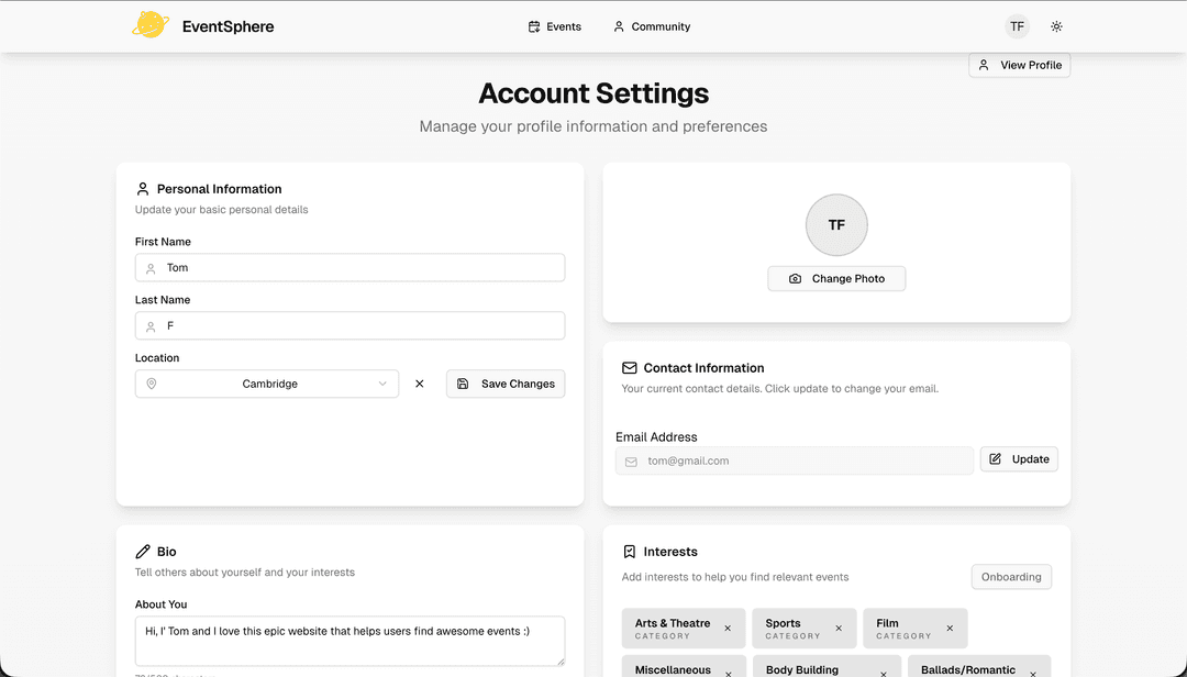 User account page for managing preferences and adding custom interests
