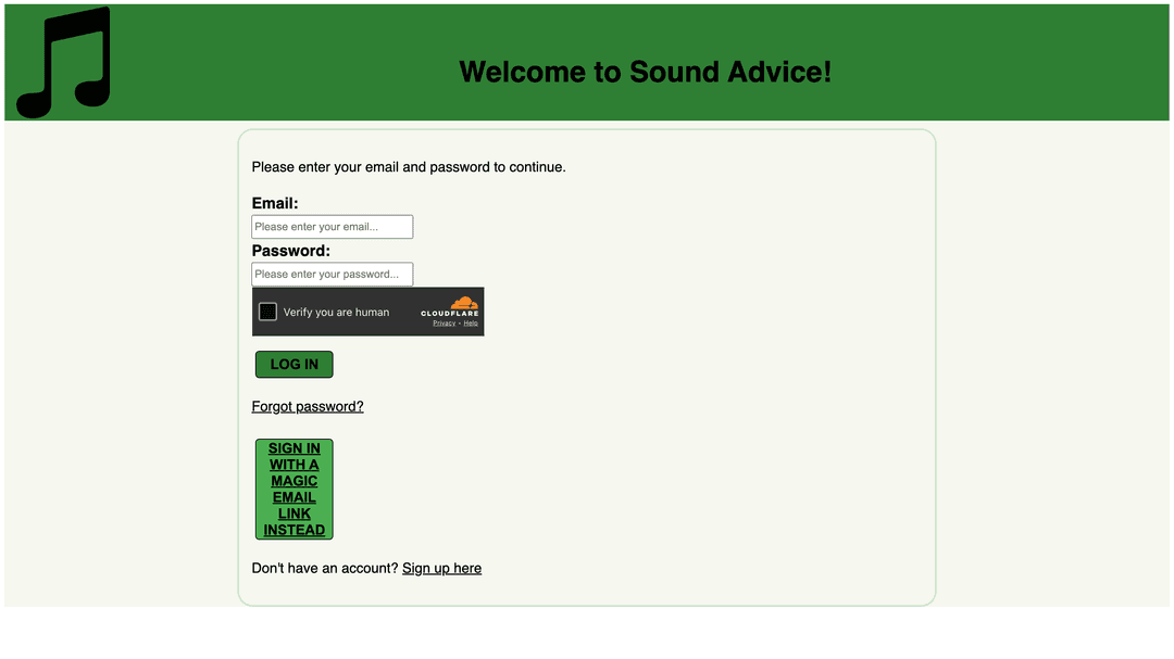 Sign-in, with Cloudflare Turnstile guarding the form and a passwordless magic link as an alternative