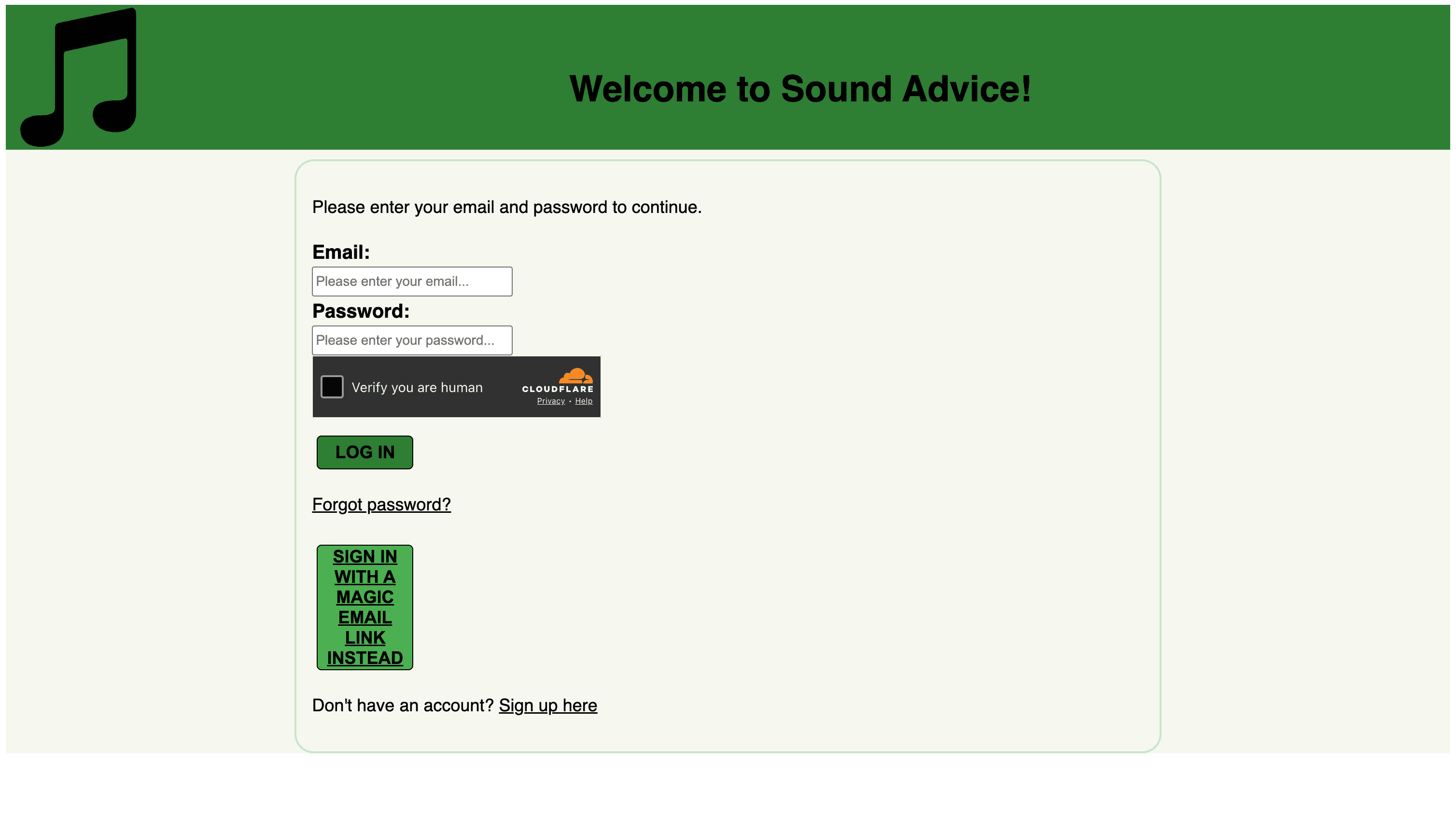 Sign-in, with Cloudflare Turnstile guarding the form and a passwordless magic link as an alternative