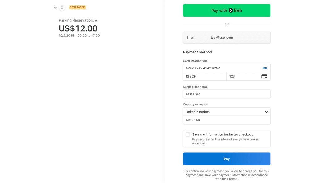 Stripe checkout for confirming a parking reservation