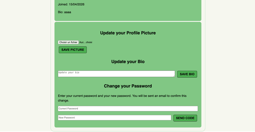 Account settings. Upload a picture, add a bio or change your password. A password needs the current password and an emailed code, and it logs out every other session while keeping the current one alive